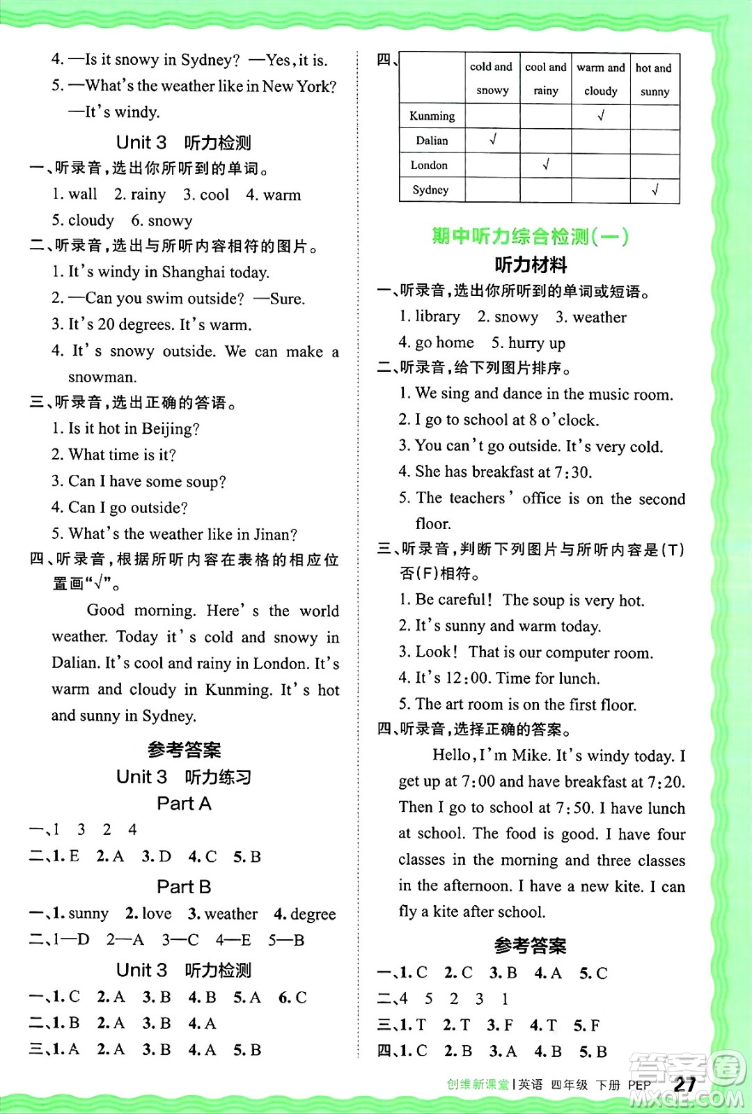 江西人民出版社2025年春王朝霞創(chuàng)維新課堂四年級英語下冊人教PEP版答案