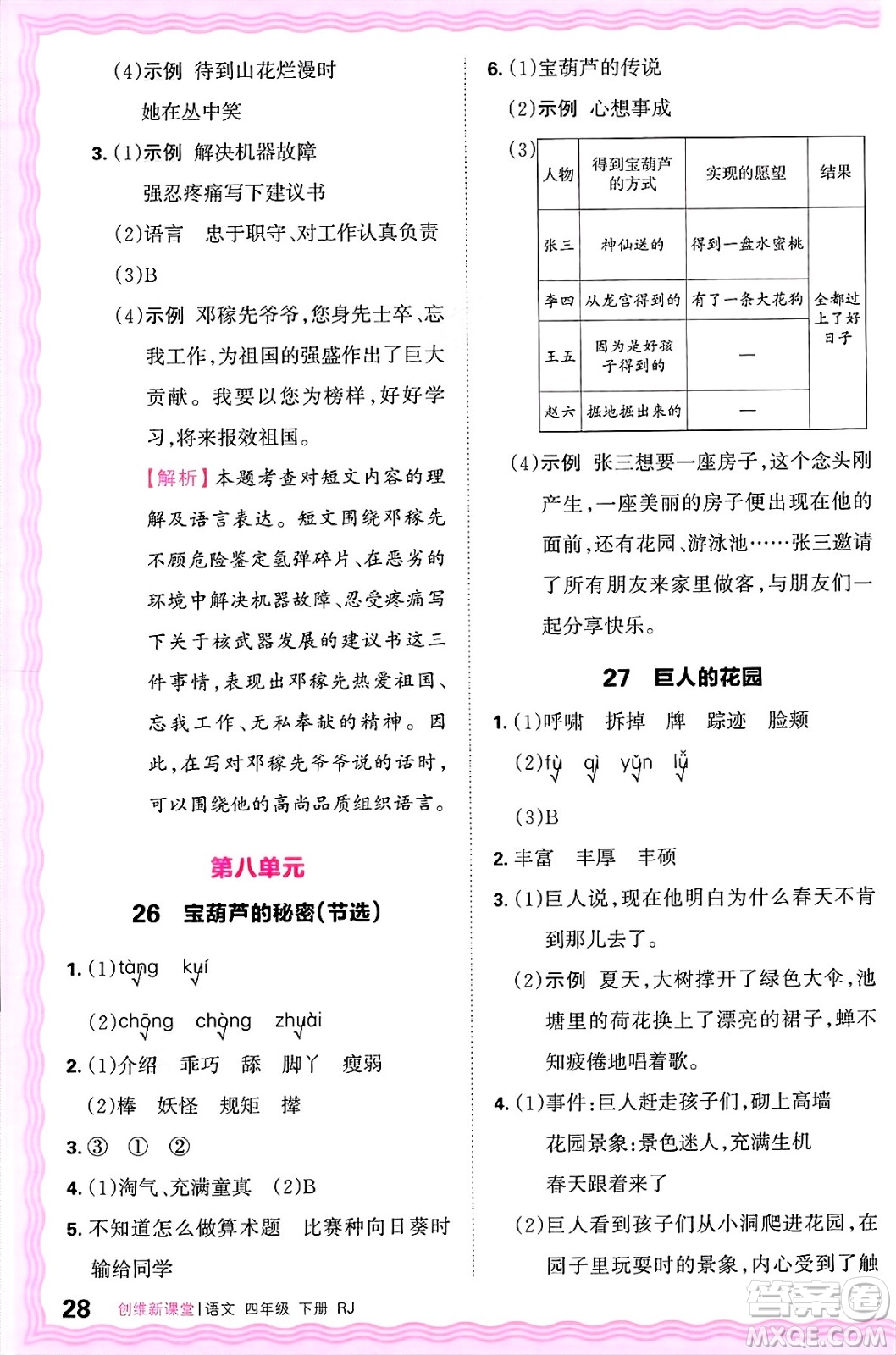 江西人民出版社2025年春王朝霞創(chuàng)維新課堂四年級語文下冊人教版答案
