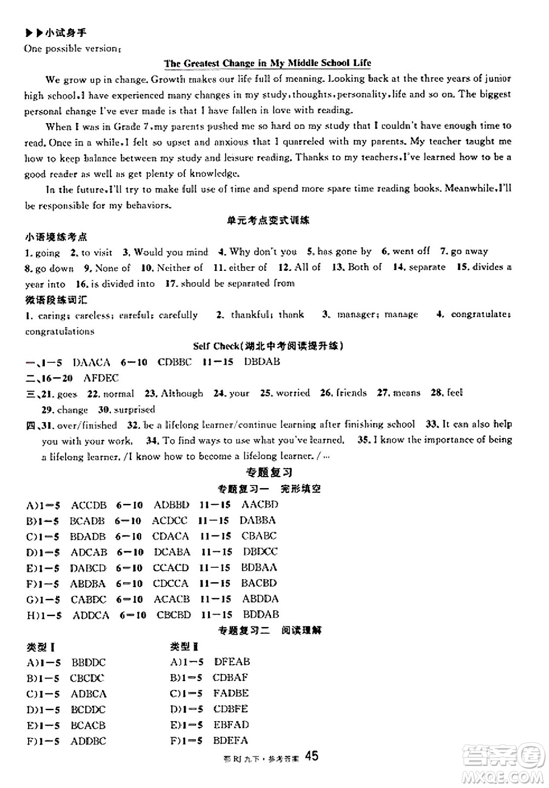 廣東經(jīng)濟(jì)出版社2025年春名校課堂九年級(jí)英語(yǔ)下冊(cè)人教版湖北專版答案