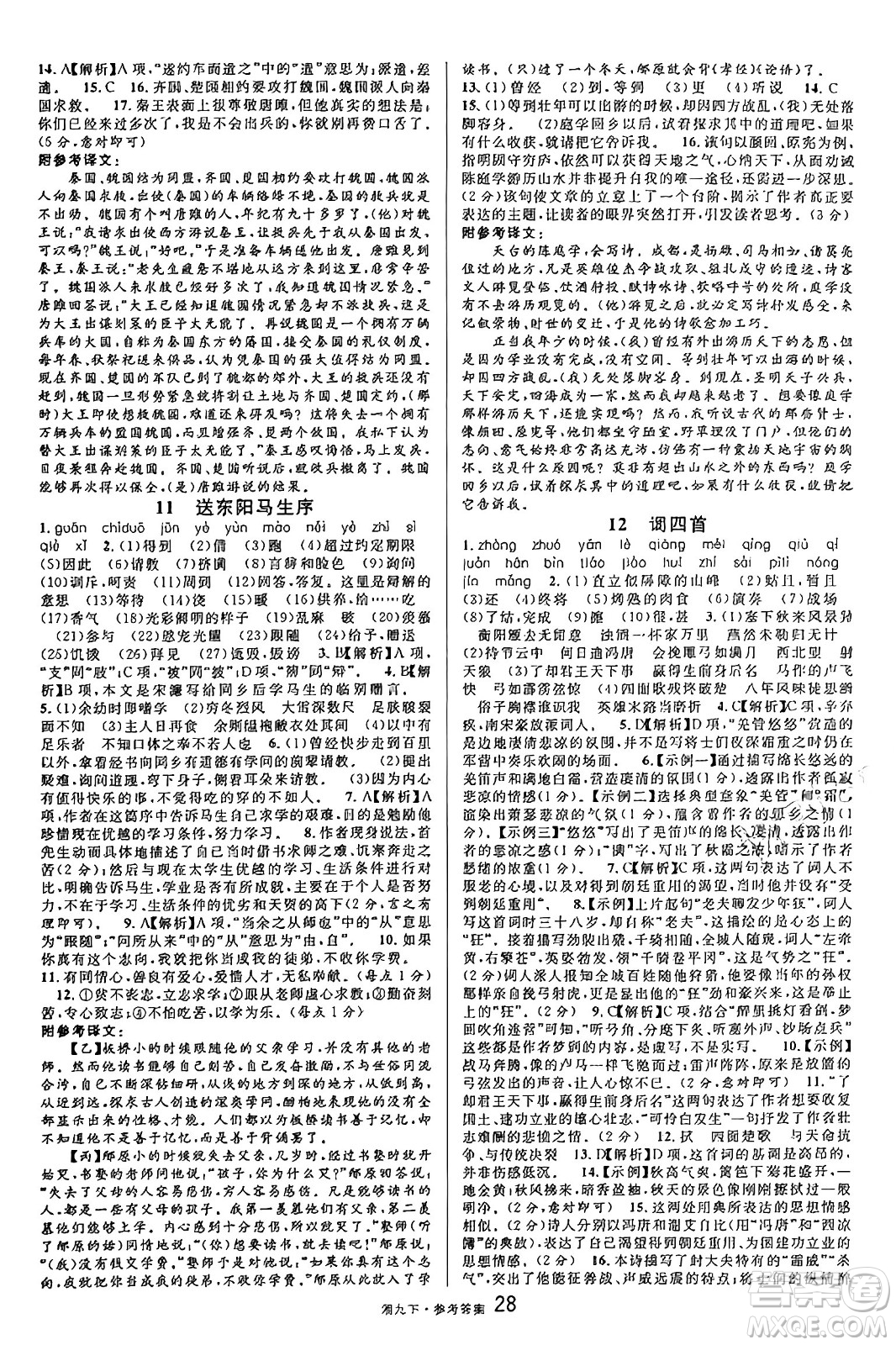 廣東經(jīng)濟出版社2025年春名校課堂九年級語文下冊人教版湖南專版答案
