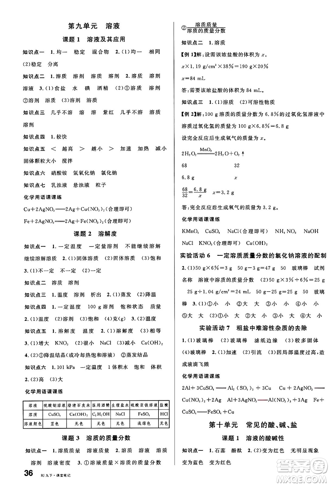 廣東經(jīng)濟出版社2025年春名校課堂九年級化學下冊人教版湖南專版答案