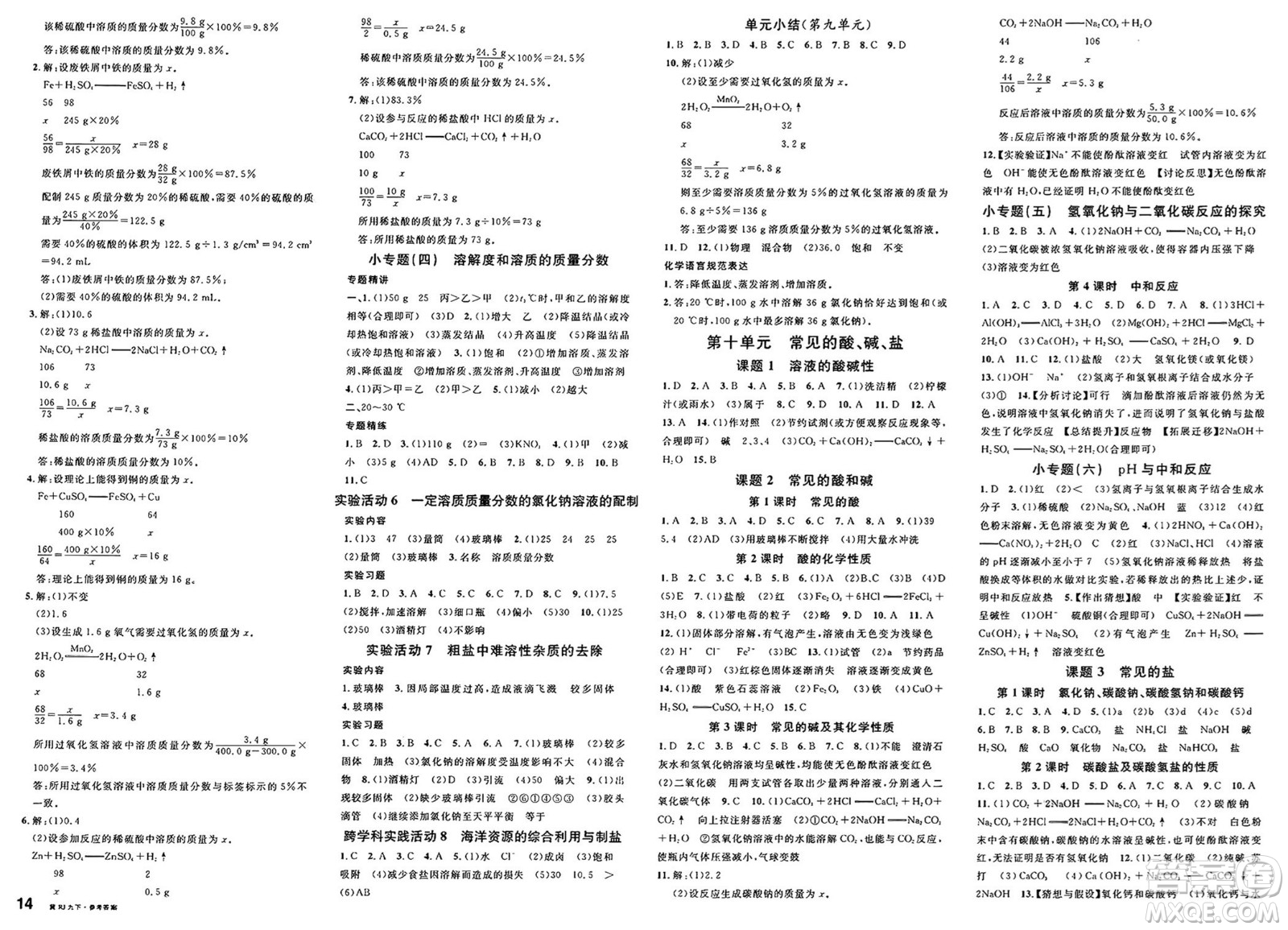 安徽師范大學出版社2025年春名校課堂九年級化學下冊人教版河北專版答案