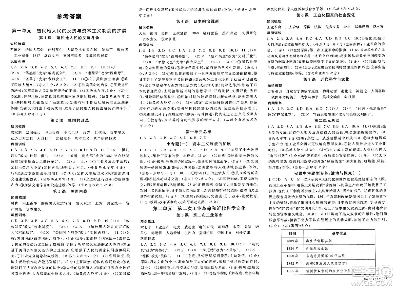 安徽師范大學(xué)出版社2025年春名校課堂九年級(jí)歷史下冊(cè)人教版安徽專版答案