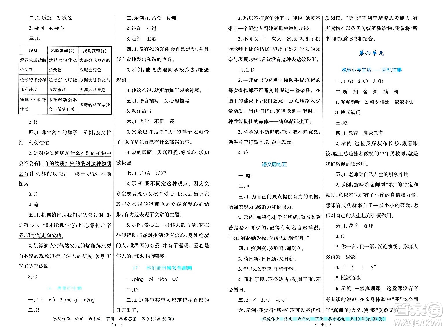 貴州教育出版社2025年春家庭作業(yè)六年級語文下冊通用版答案