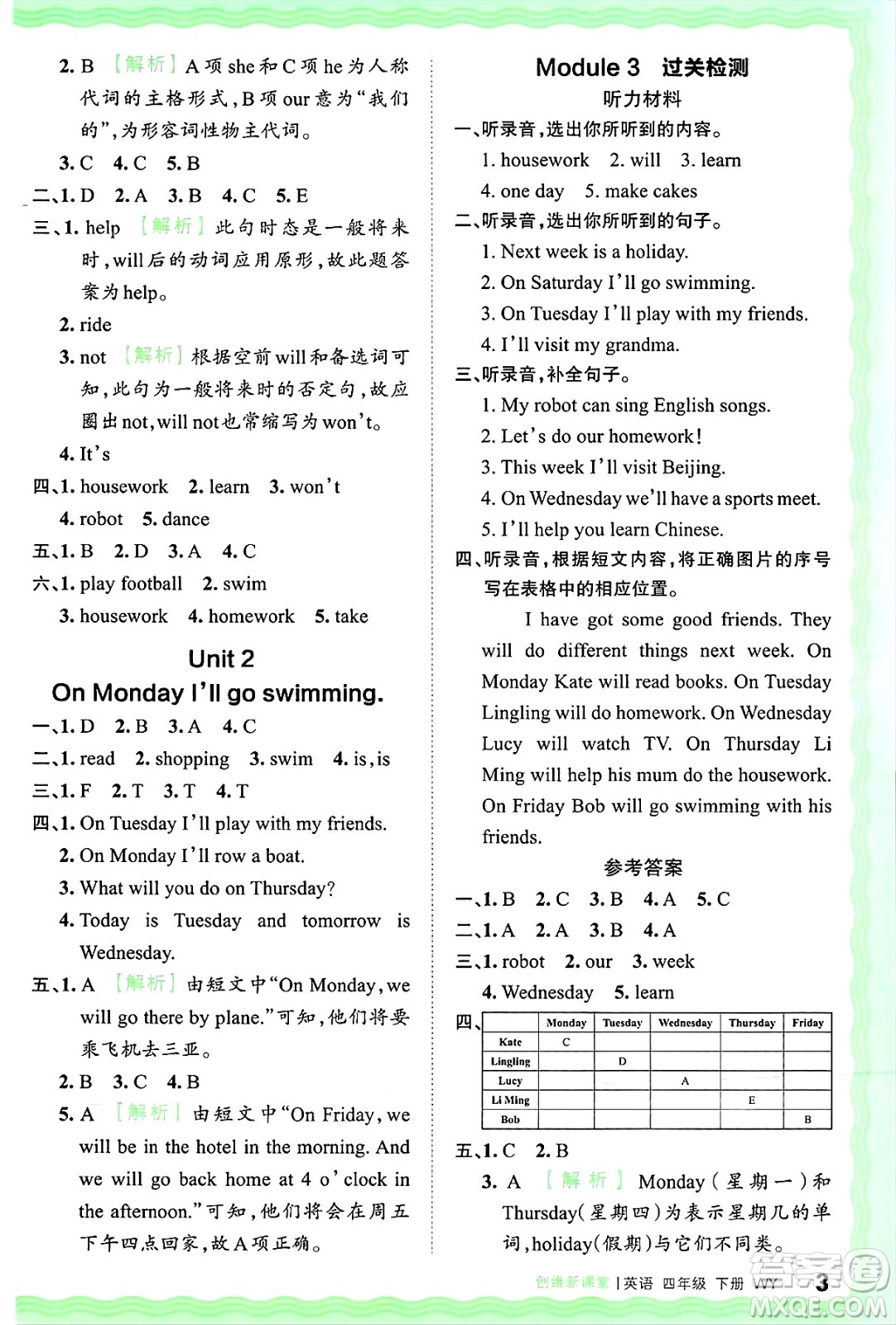 江西人民出版社2025年春王朝霞創(chuàng)維新課堂同步優(yōu)化訓(xùn)練四年級英語下冊外研版答案