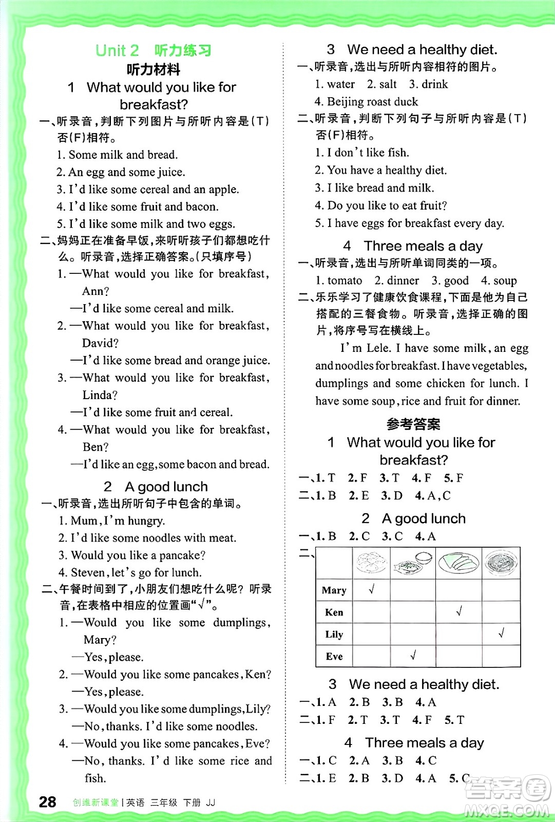 江西人民出版社2025年春王朝霞創(chuàng)維新課堂同步優(yōu)化訓練三年級英語下冊冀教版答案