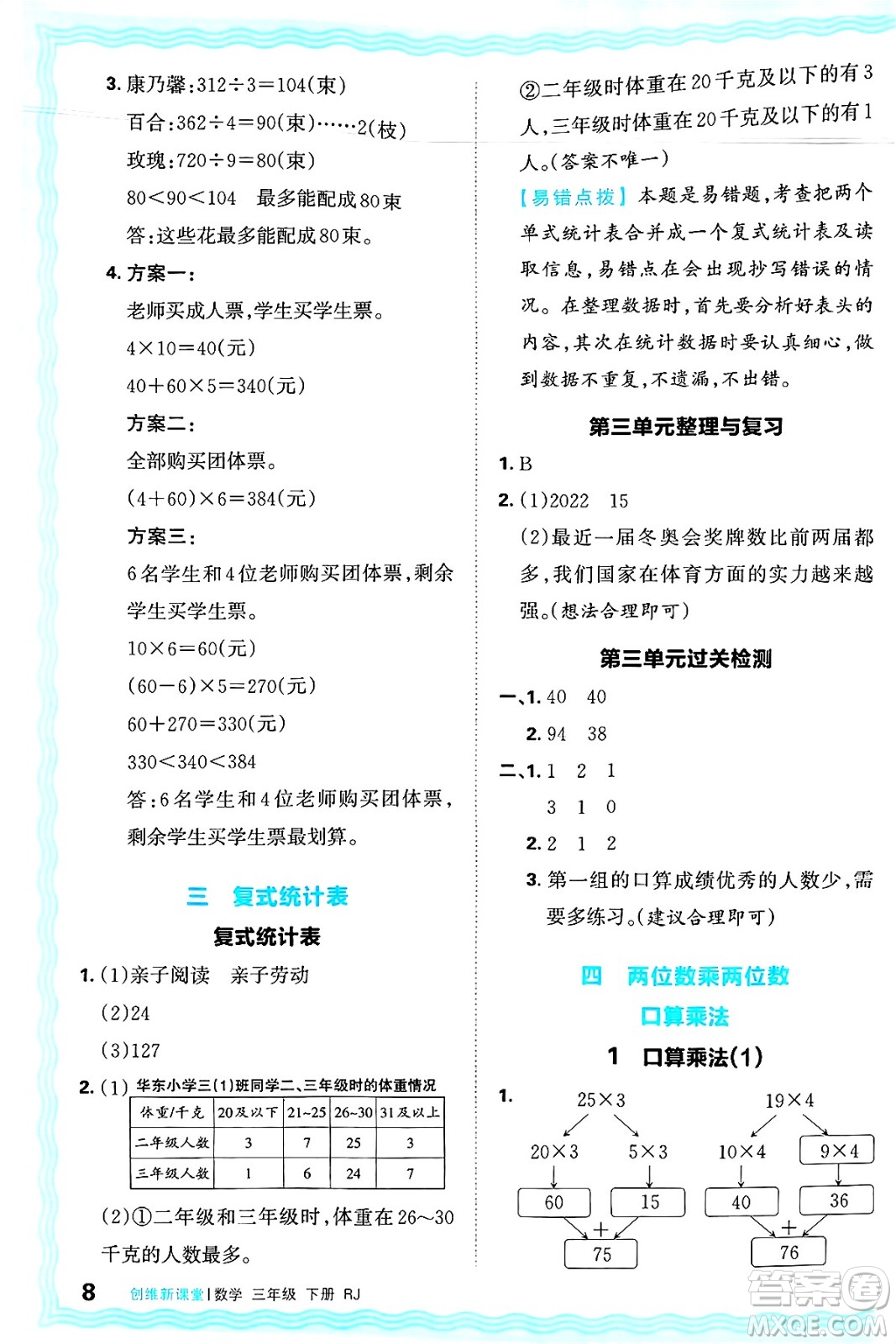 江西人民出版社2025年春王朝霞創(chuàng)維新課堂同步優(yōu)化訓(xùn)練三年級數(shù)學(xué)下冊人教版答案