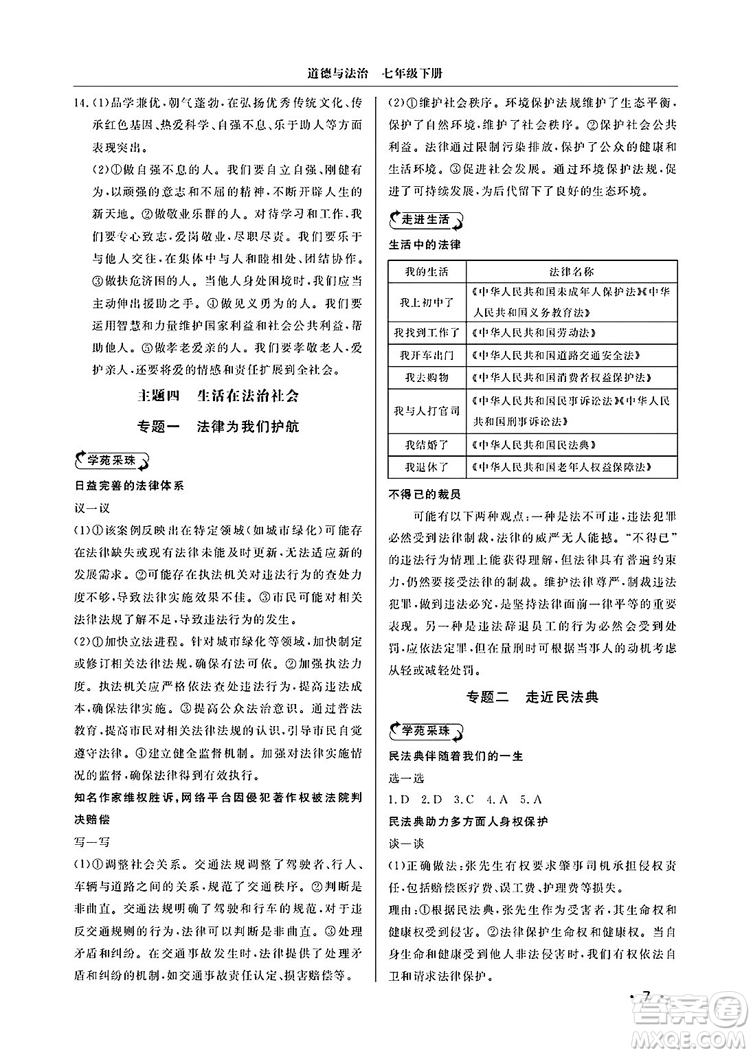 山東人民出版社2025年春初中卷行知天下七年級(jí)道德與法治下冊(cè)通用版答案