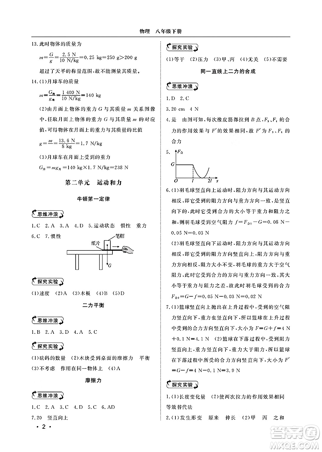 山東人民出版社2025年春初中卷行知天下八年級物理下冊人教版答案
