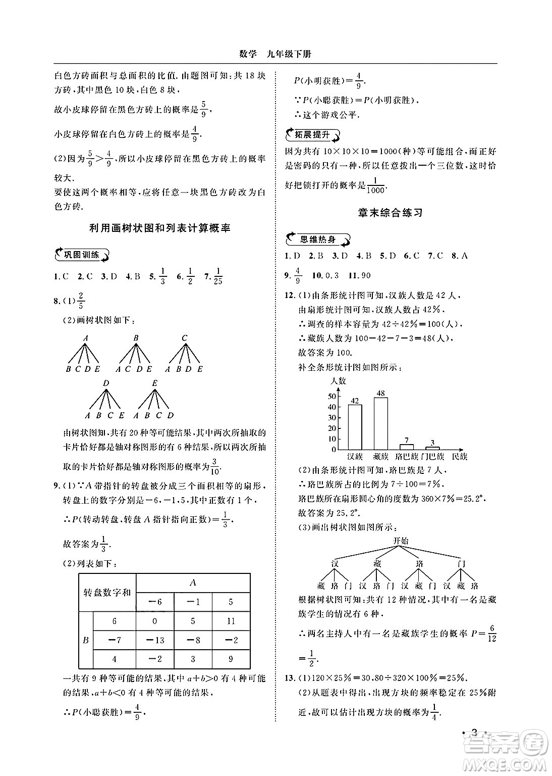 山東人民出版社2025年春初中卷行知天下九年級數(shù)學下冊青島版答案