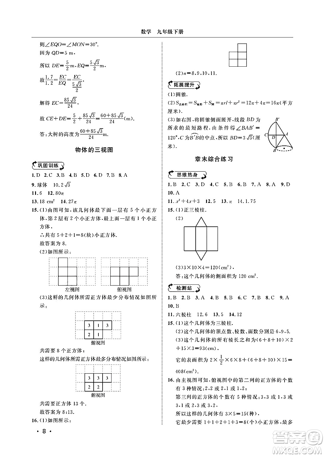 山東人民出版社2025年春初中卷行知天下九年級數(shù)學下冊青島版答案