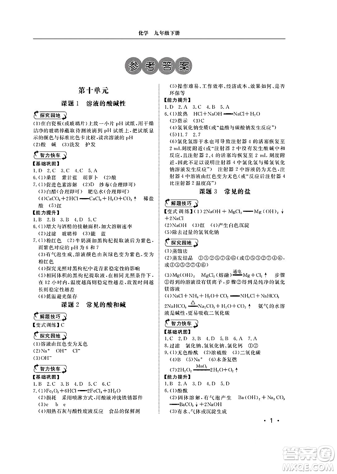 山東人民出版社2025年春初中卷行知天下九年級化學(xué)下冊人教版答案