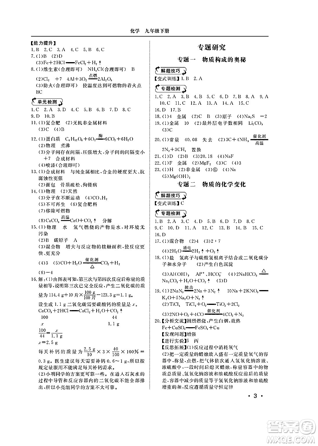 山東人民出版社2025年春初中卷行知天下九年級化學(xué)下冊人教版答案
