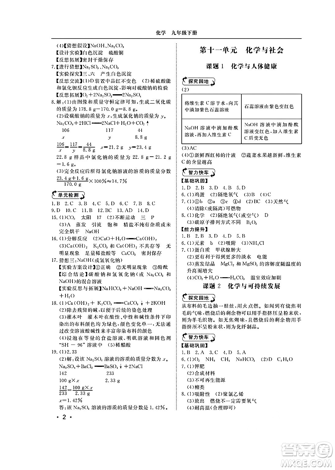 山東人民出版社2025年春初中卷行知天下九年級化學(xué)下冊人教版答案