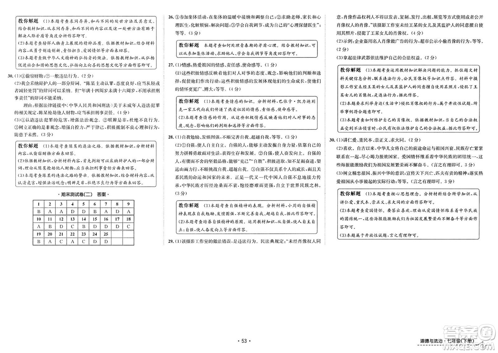 江西高校出版社2025年春卷霸初中同步測(cè)試卷七年級(jí)道德與法治下冊(cè)通用版答案