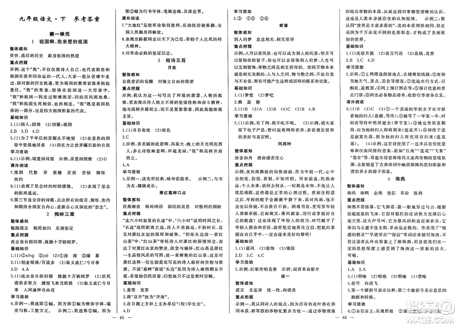 長江少年兒童出版社2025年春思維新觀察九年級語文下冊人教版答案