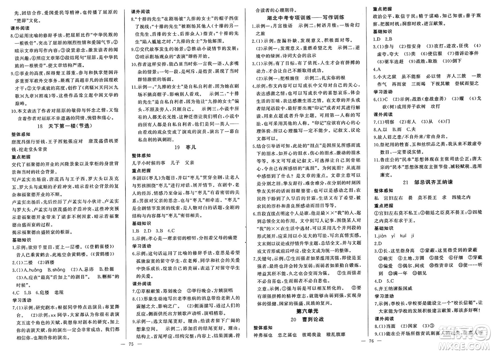 長江少年兒童出版社2025年春思維新觀察九年級語文下冊人教版答案
