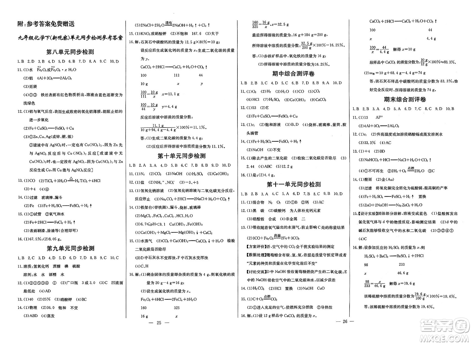 長(zhǎng)江少年兒童出版社2025年春思維新觀察九年級(jí)化學(xué)下冊(cè)人教版答案