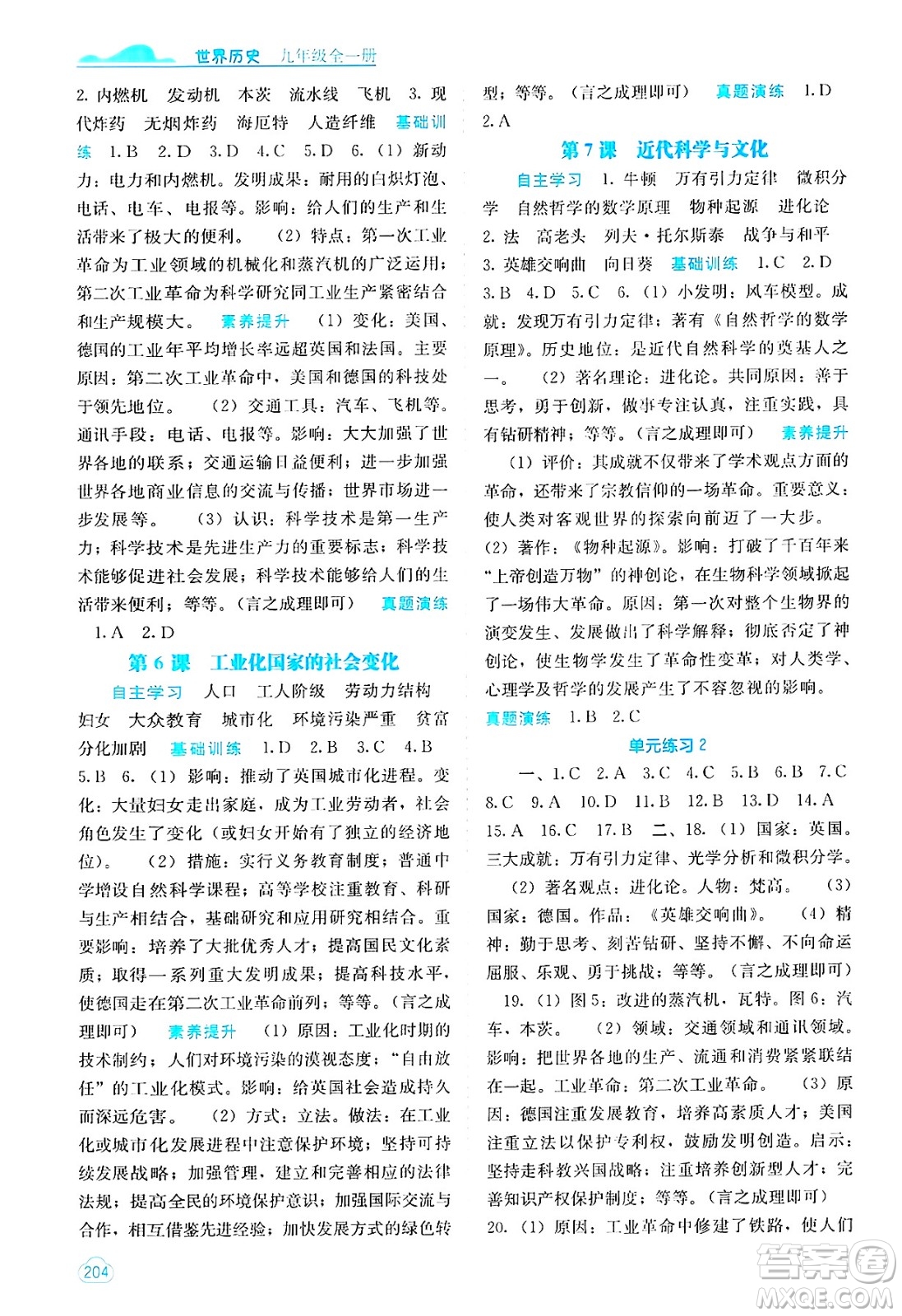 廣西教育出版社2025年春自主學習能力測評九年級歷史下冊通用版答案