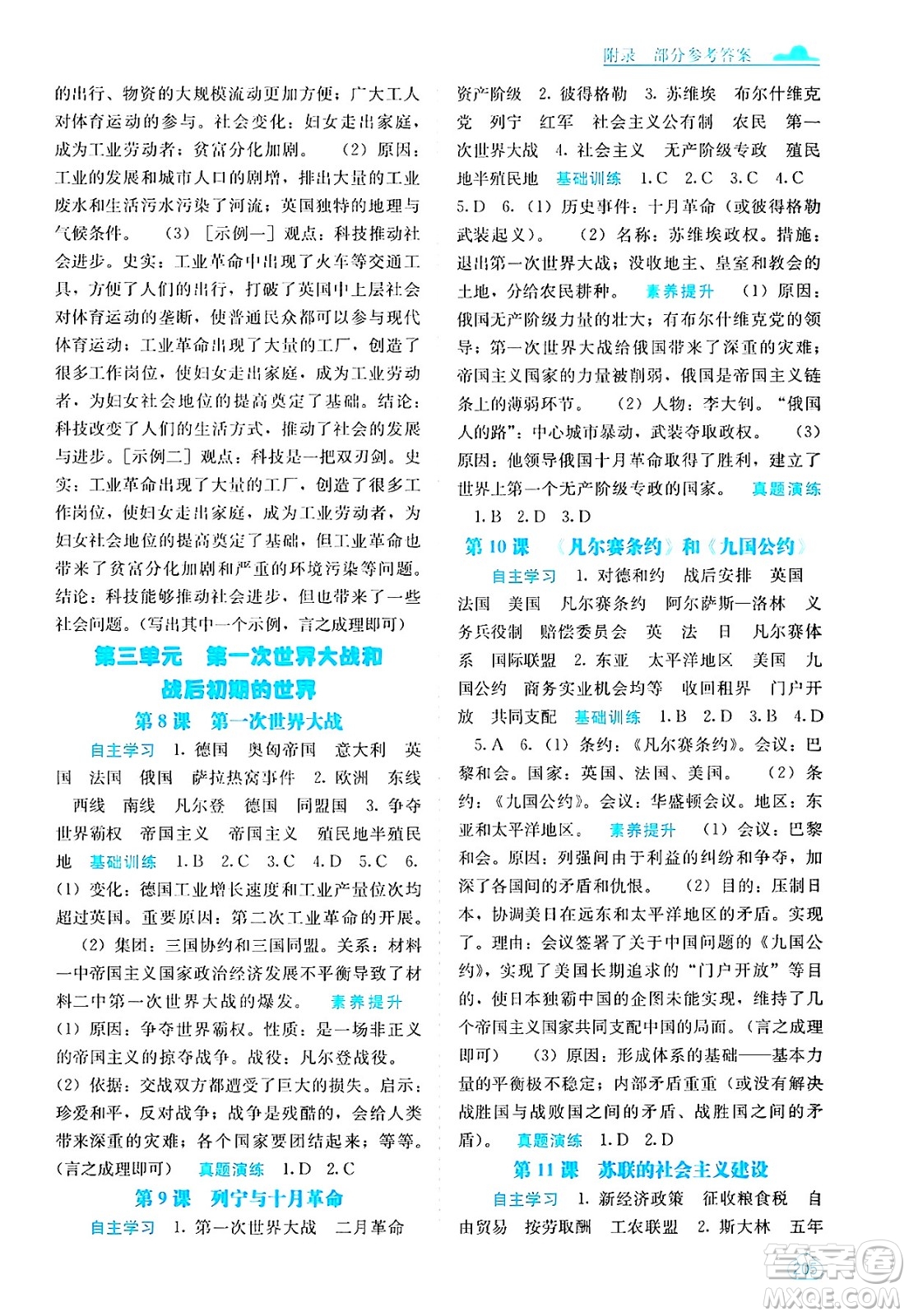 廣西教育出版社2025年春自主學習能力測評九年級歷史下冊通用版答案