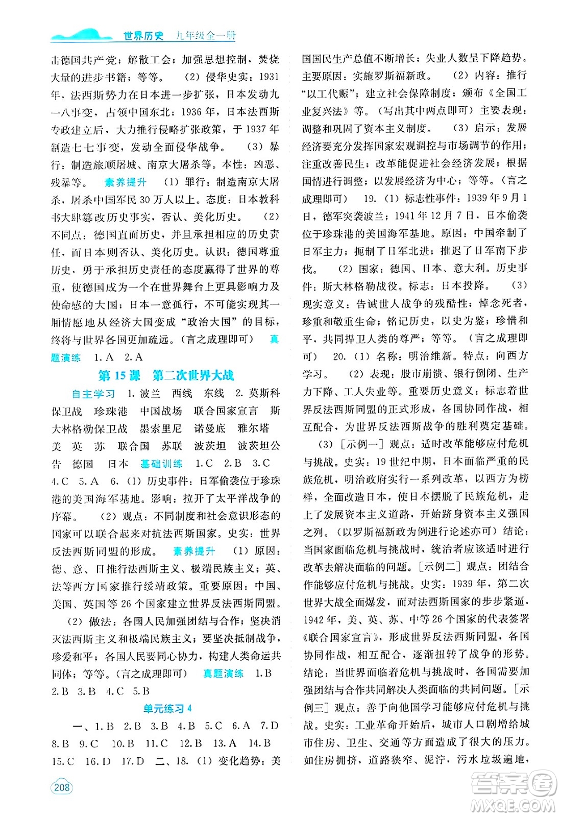 廣西教育出版社2025年春自主學習能力測評九年級歷史下冊通用版答案
