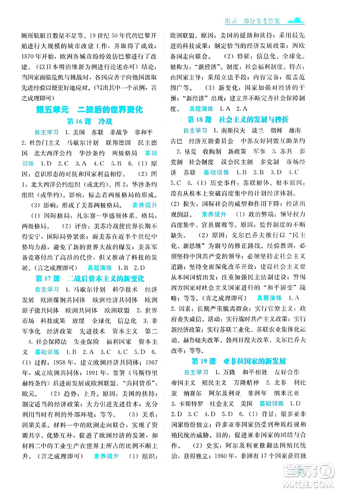 廣西教育出版社2025年春自主學習能力測評九年級歷史下冊通用版答案