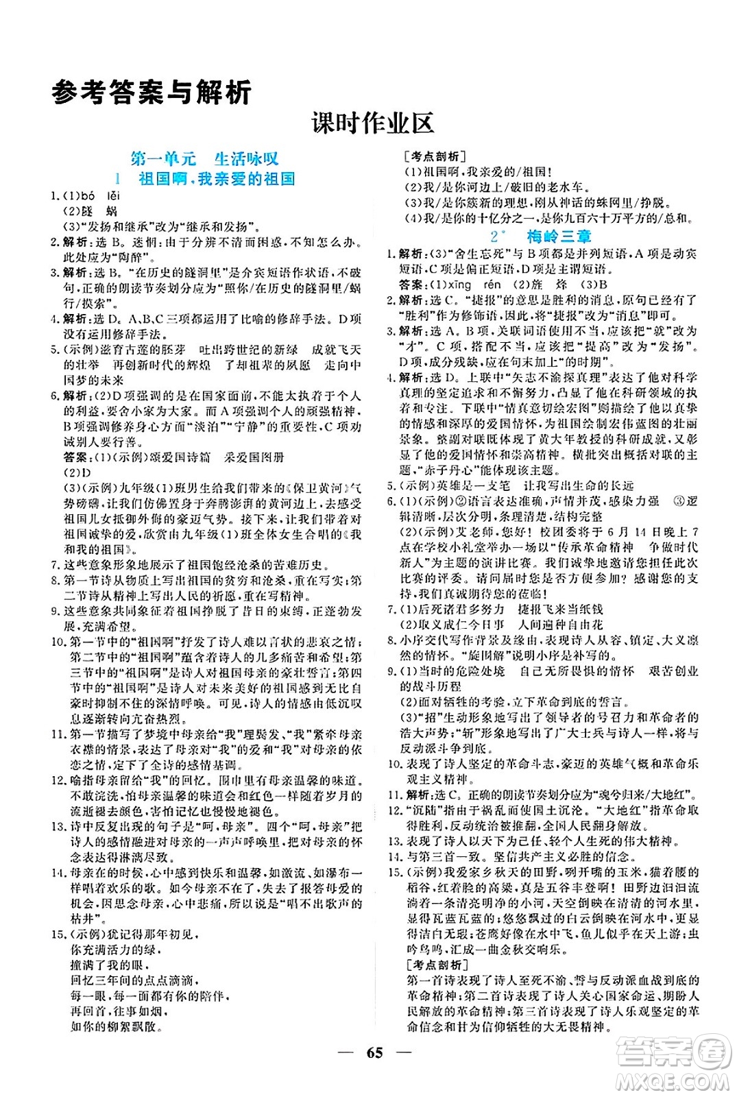 青海人民出版社2025年春新坐標(biāo)同步練習(xí)九年級(jí)語(yǔ)文下冊(cè)人教版青海專版答案
