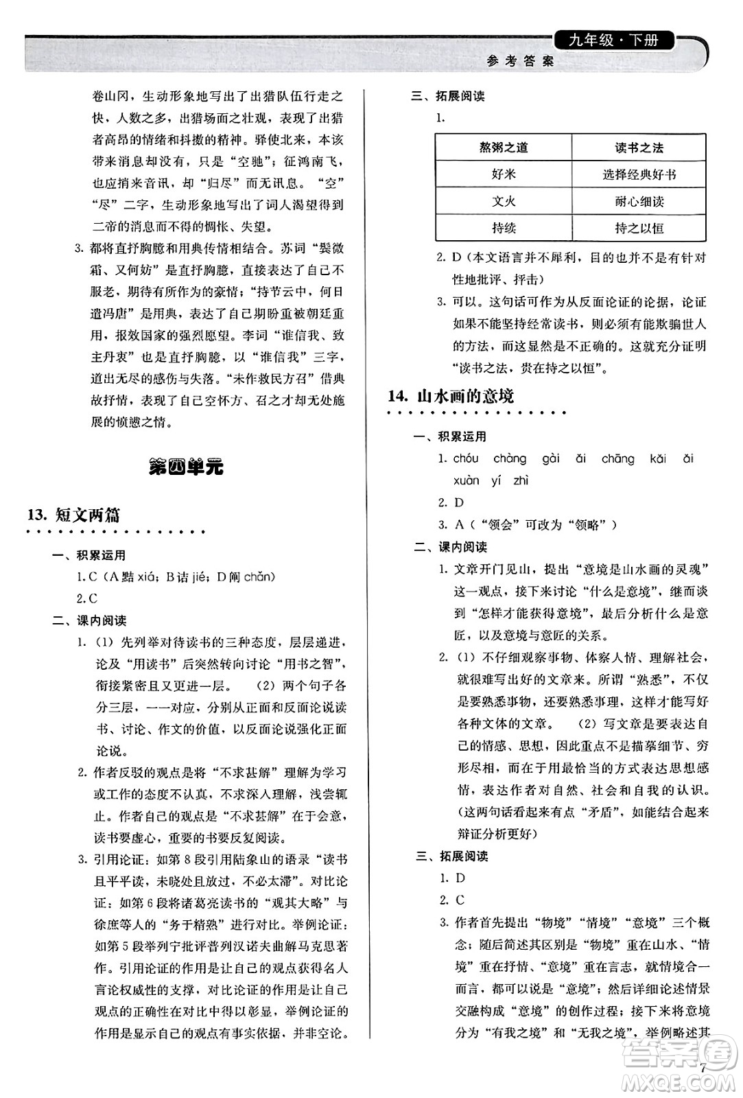 人民教育出版社2025年春補(bǔ)充習(xí)題九年級語文下冊通用版答案
