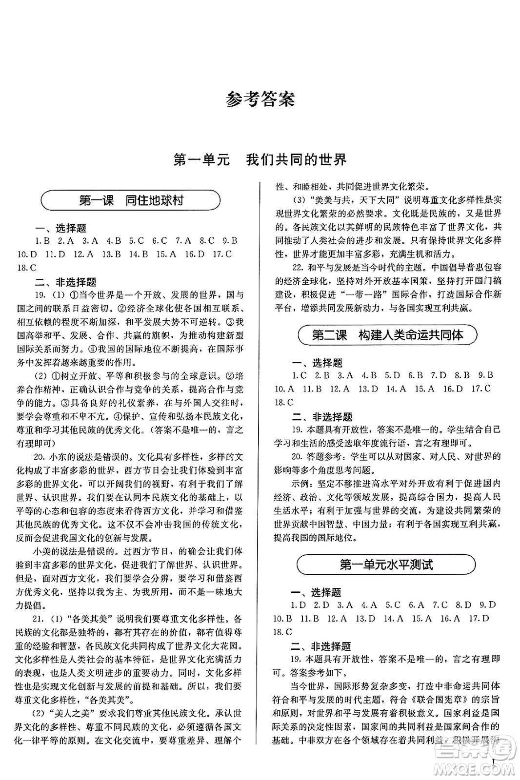 人民教育出版社2025年春補(bǔ)充習(xí)題九年級(jí)道德與法治下冊(cè)通用版答案