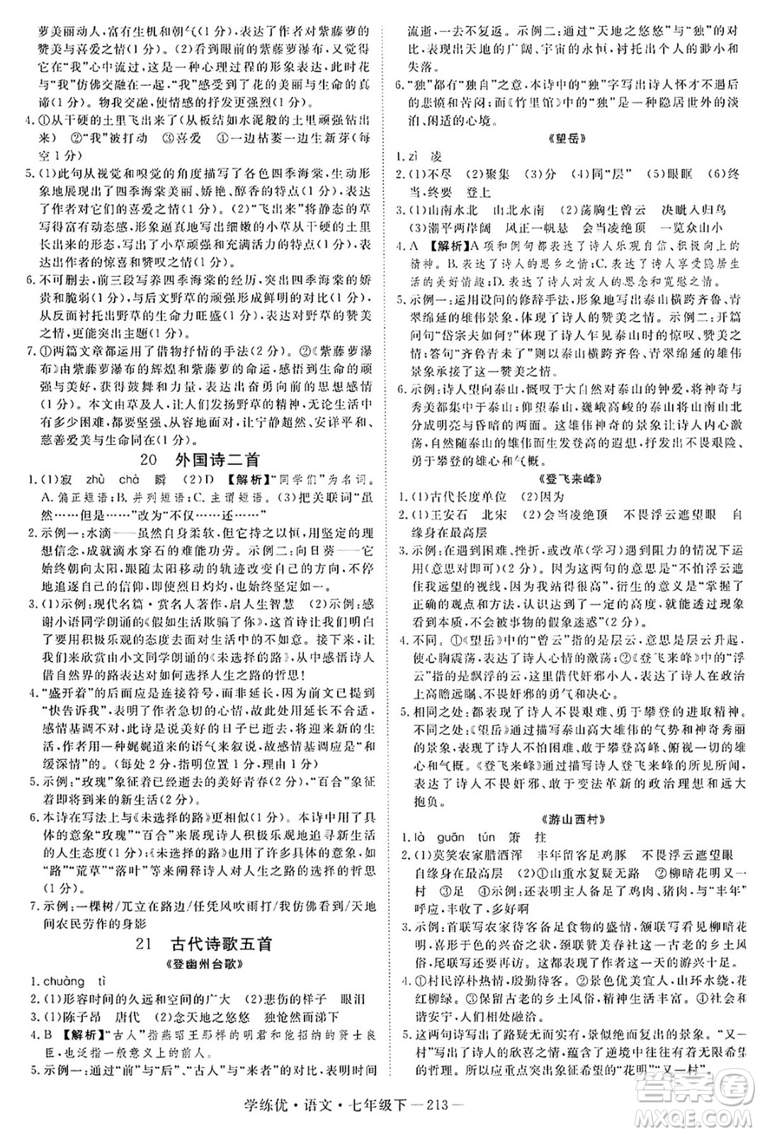 延邊大學(xué)出版社2025年春優(yōu)翼學(xué)練優(yōu)七年級(jí)語(yǔ)文下冊(cè)人教版河南專版答案