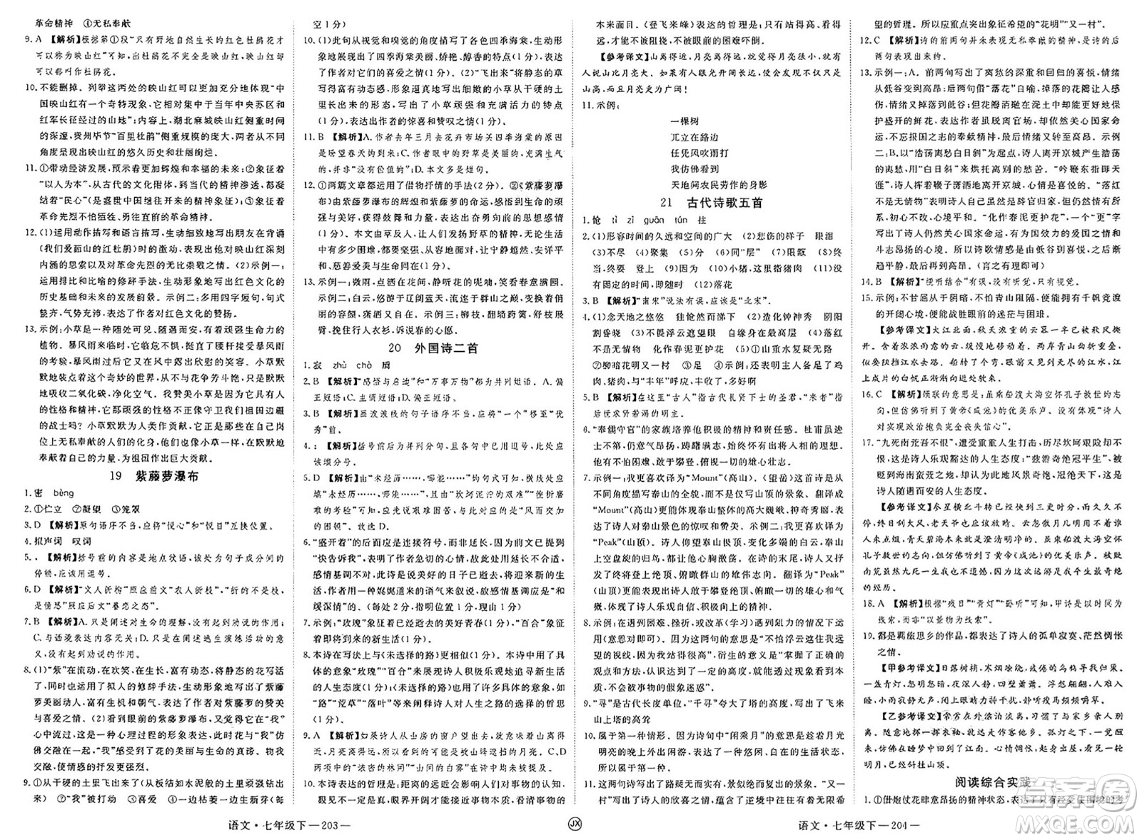 延邊大學出版社2025年春優(yōu)翼學練優(yōu)七年級語文下冊人教版江西專版答案