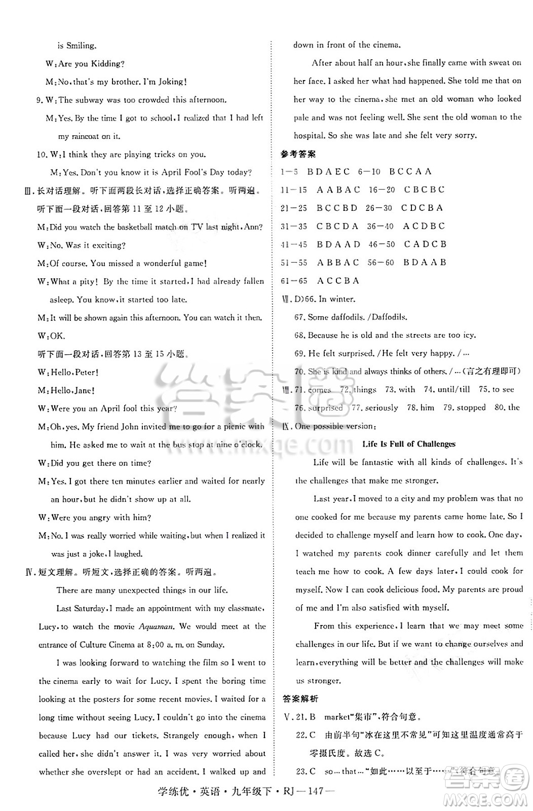 延邊大學(xué)出版社2025年春優(yōu)翼學(xué)練優(yōu)九年級英語下冊人教版答案
