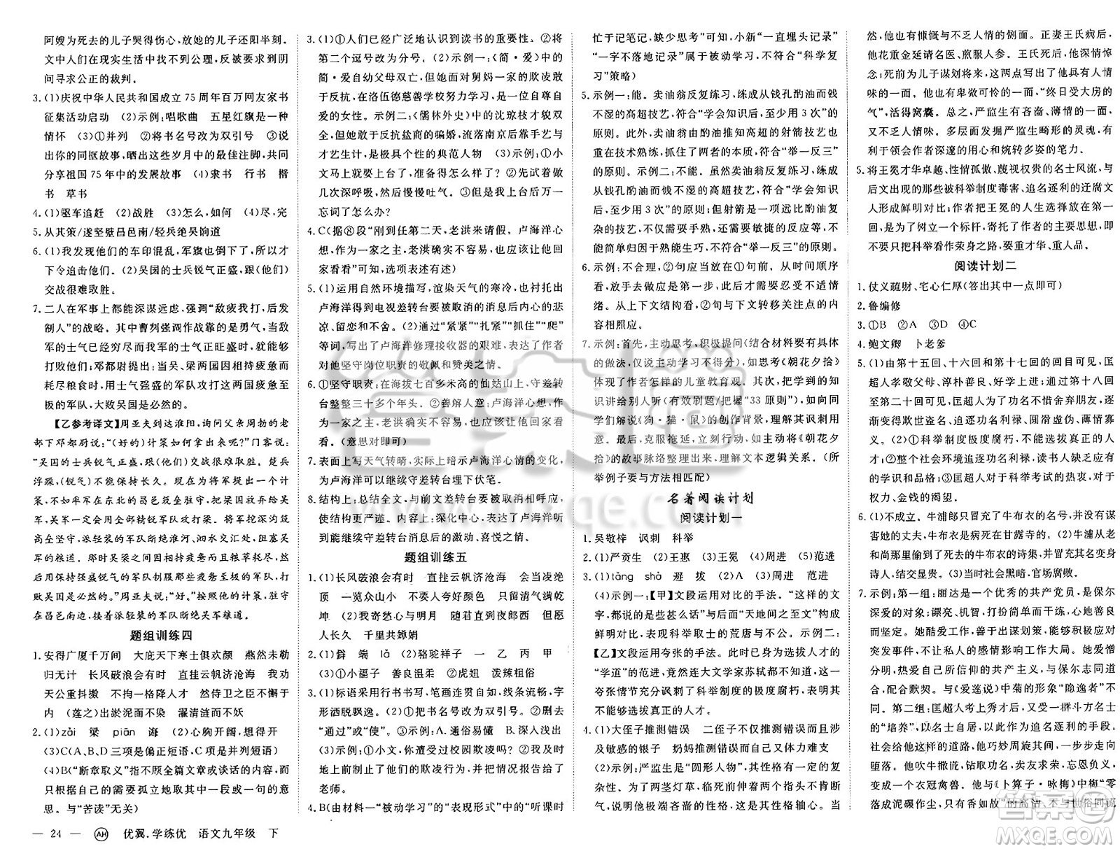 合肥工業(yè)大學(xué)出版社2025年春優(yōu)翼學(xué)練優(yōu)九年級語文下冊人教版安徽專版答案