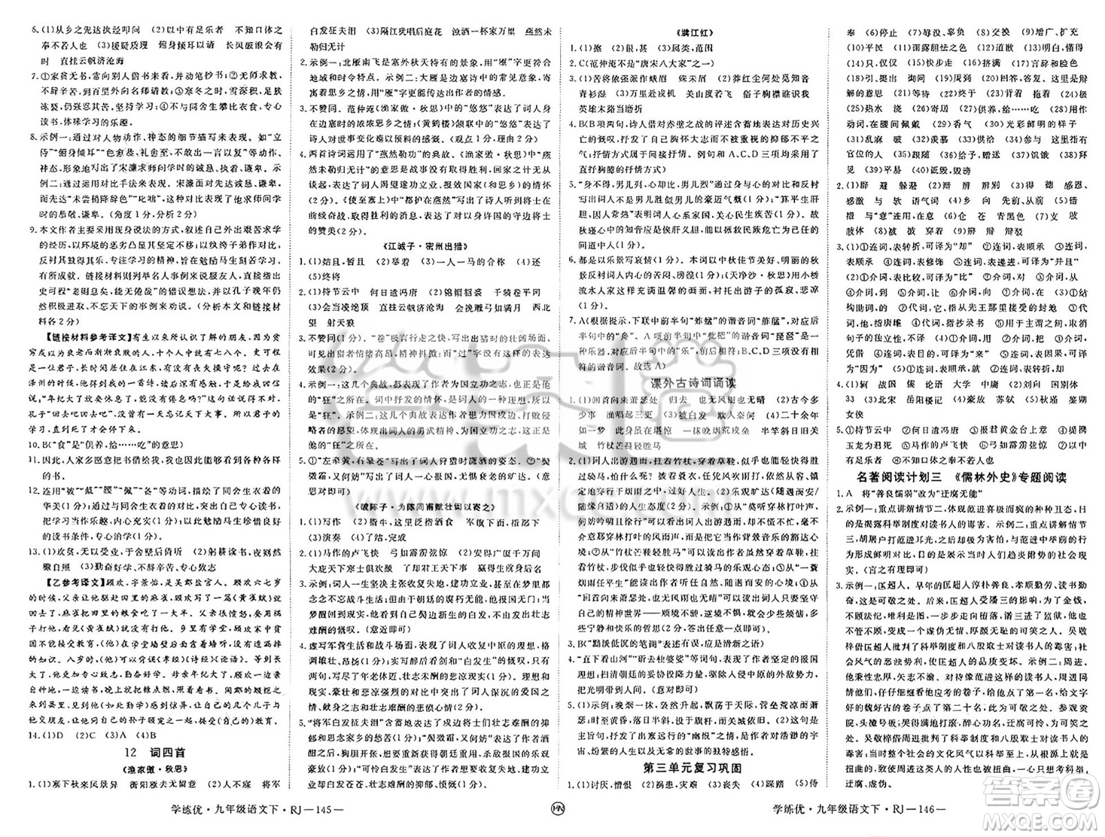 延邊大學(xué)出版社2025年春優(yōu)翼學(xué)練優(yōu)九年級語文下冊人教版河南專版答案