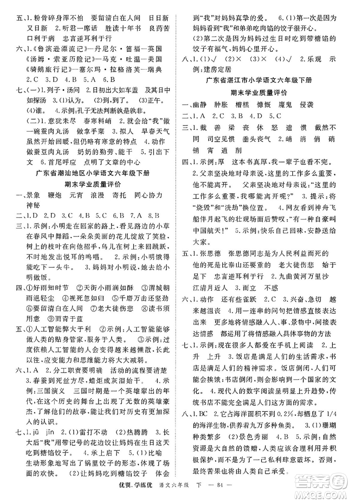 合肥工業(yè)大學(xué)出版社2025年春優(yōu)翼學(xué)練優(yōu)六年級語文下冊人教版廣東專版答案