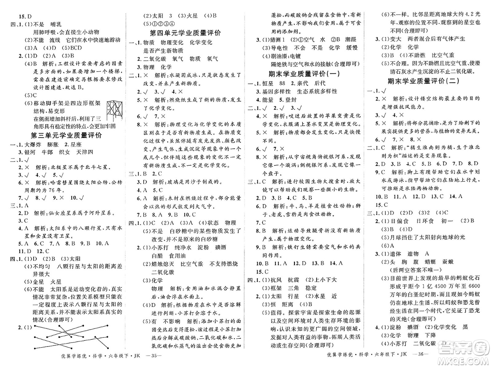 湖南大學出版社2025年春優(yōu)翼學練優(yōu)六年級科學下冊教科版答案