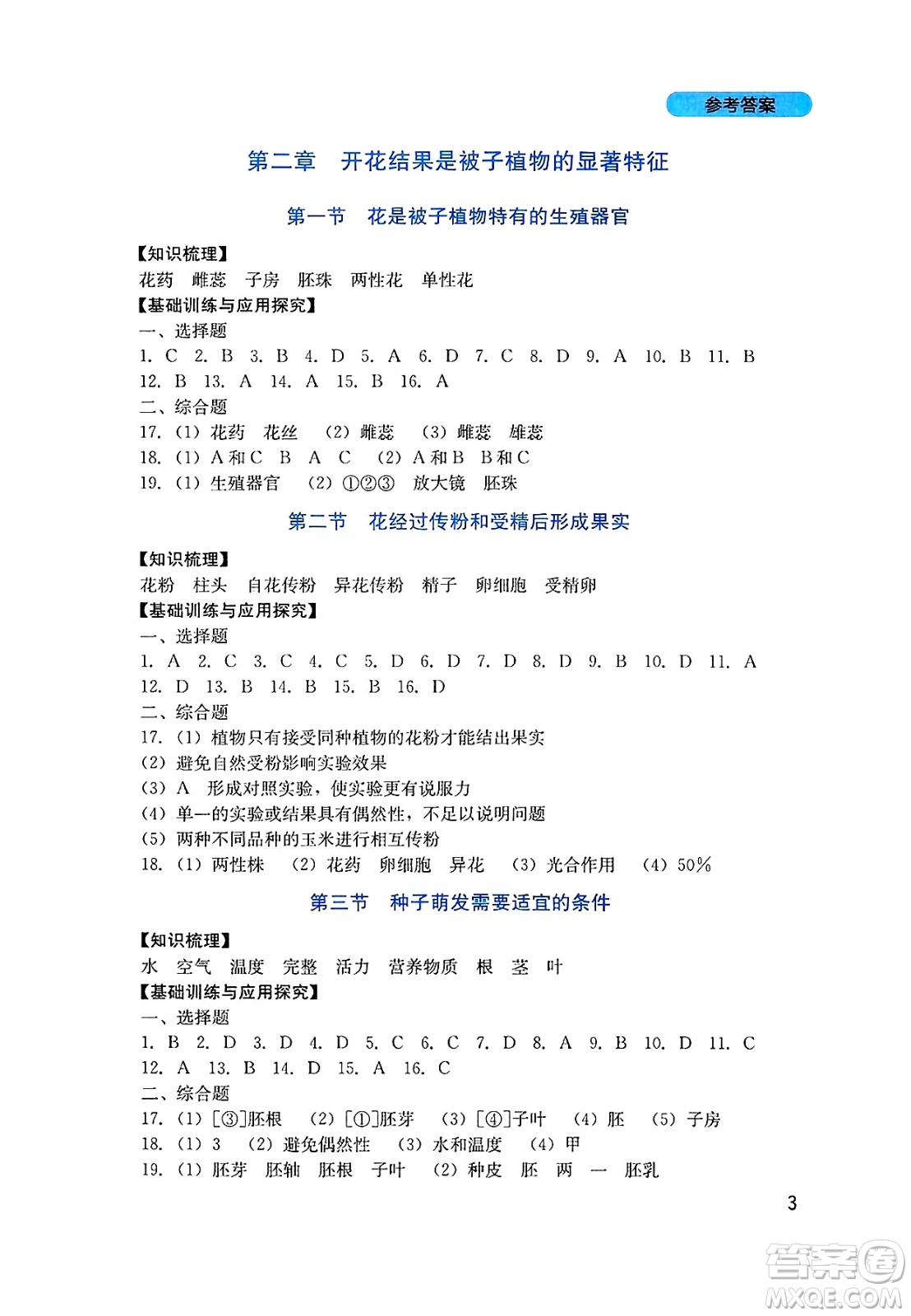 四川教育出版社2025年春新課程實踐與探究叢書七年級生物下冊濟南版答案