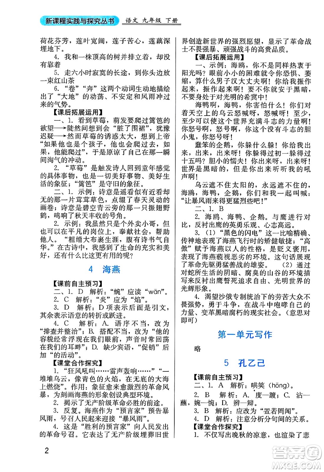 四川教育出版社2025年春新課程實(shí)踐與探究叢書(shū)九年級(jí)語(yǔ)文下冊(cè)人教版答案