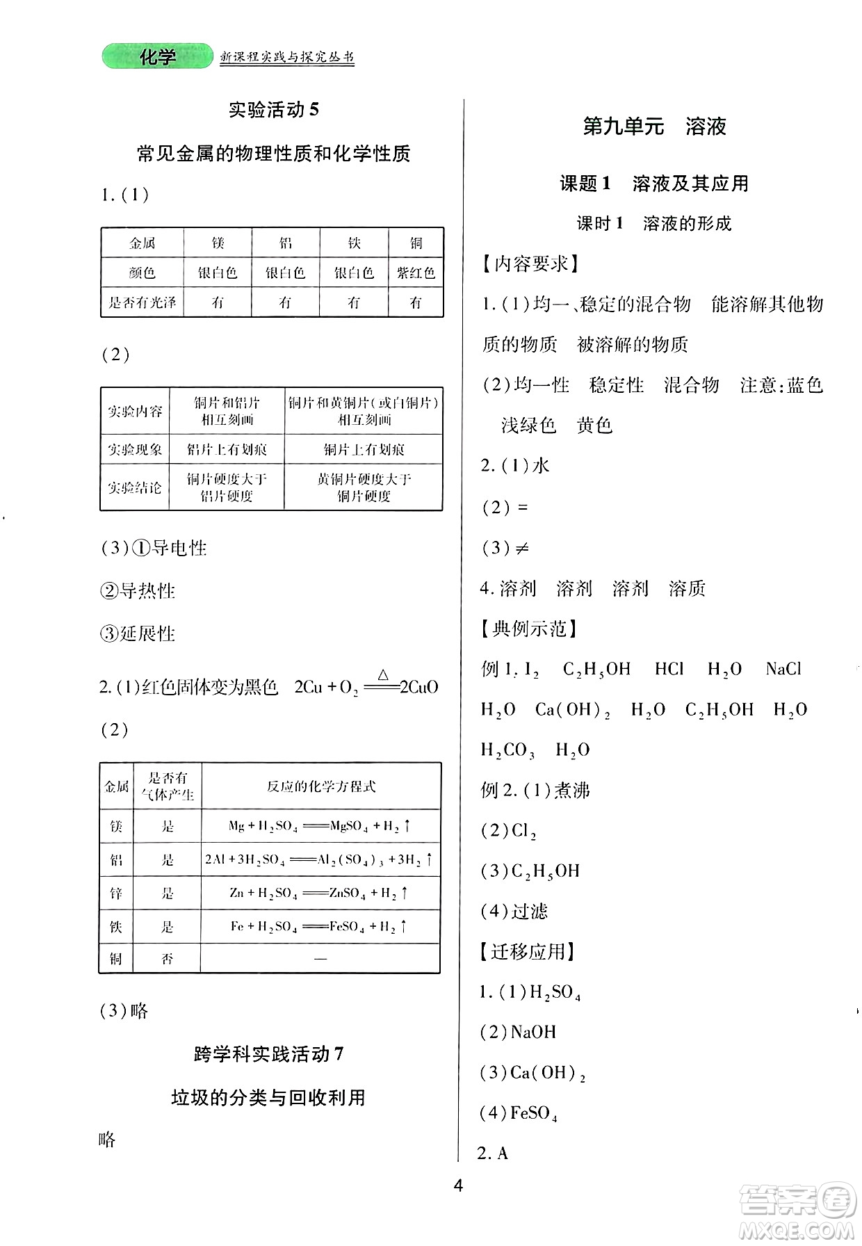 四川教育出版社2025年春新課程實踐與探究叢書九年級化學(xué)下冊人教版答案