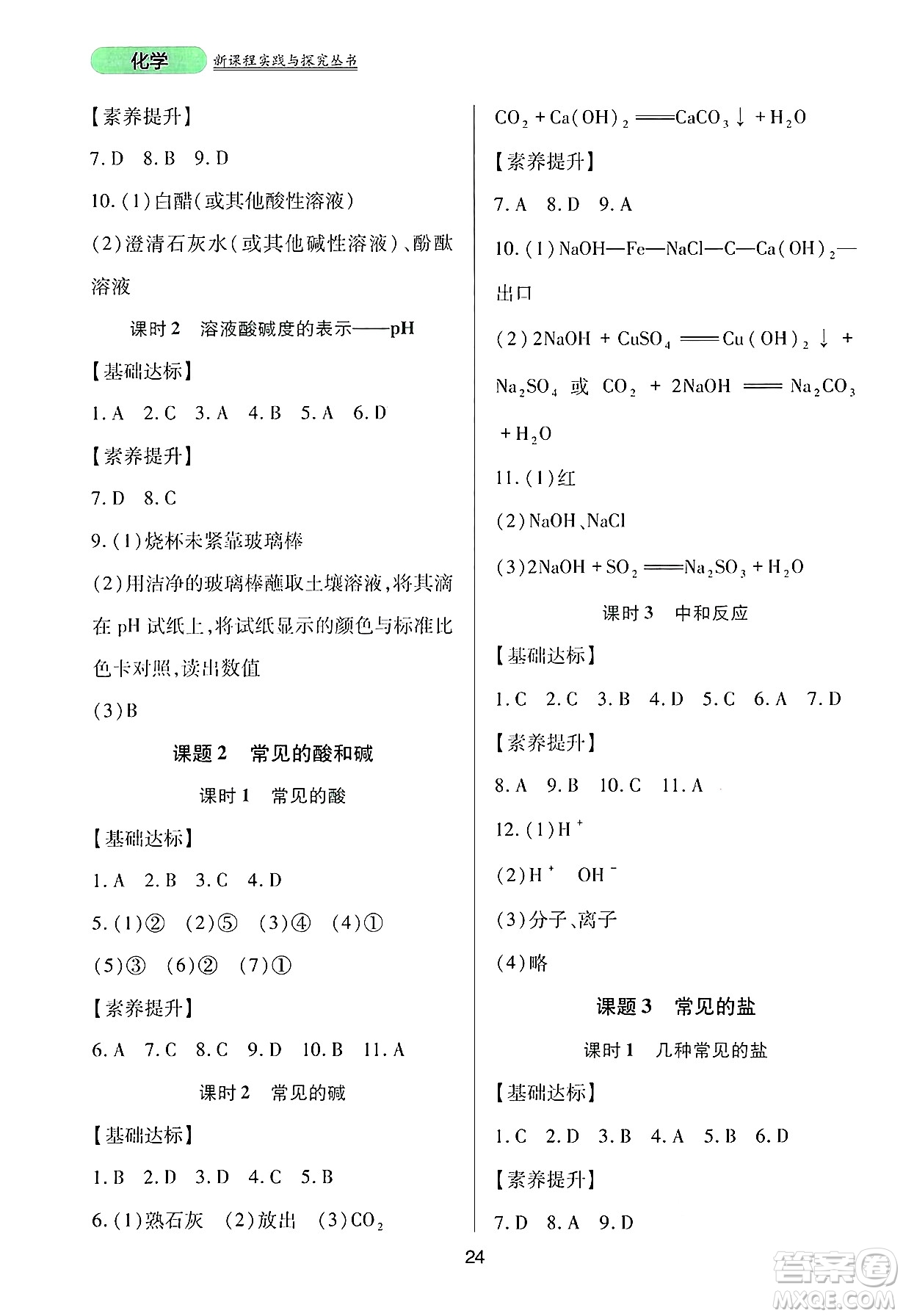 四川教育出版社2025年春新課程實踐與探究叢書九年級化學(xué)下冊人教版答案