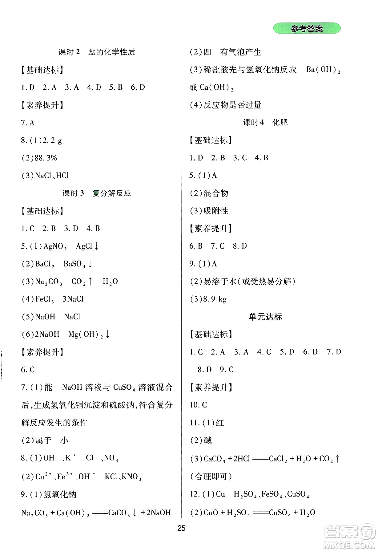 四川教育出版社2025年春新課程實踐與探究叢書九年級化學(xué)下冊人教版答案