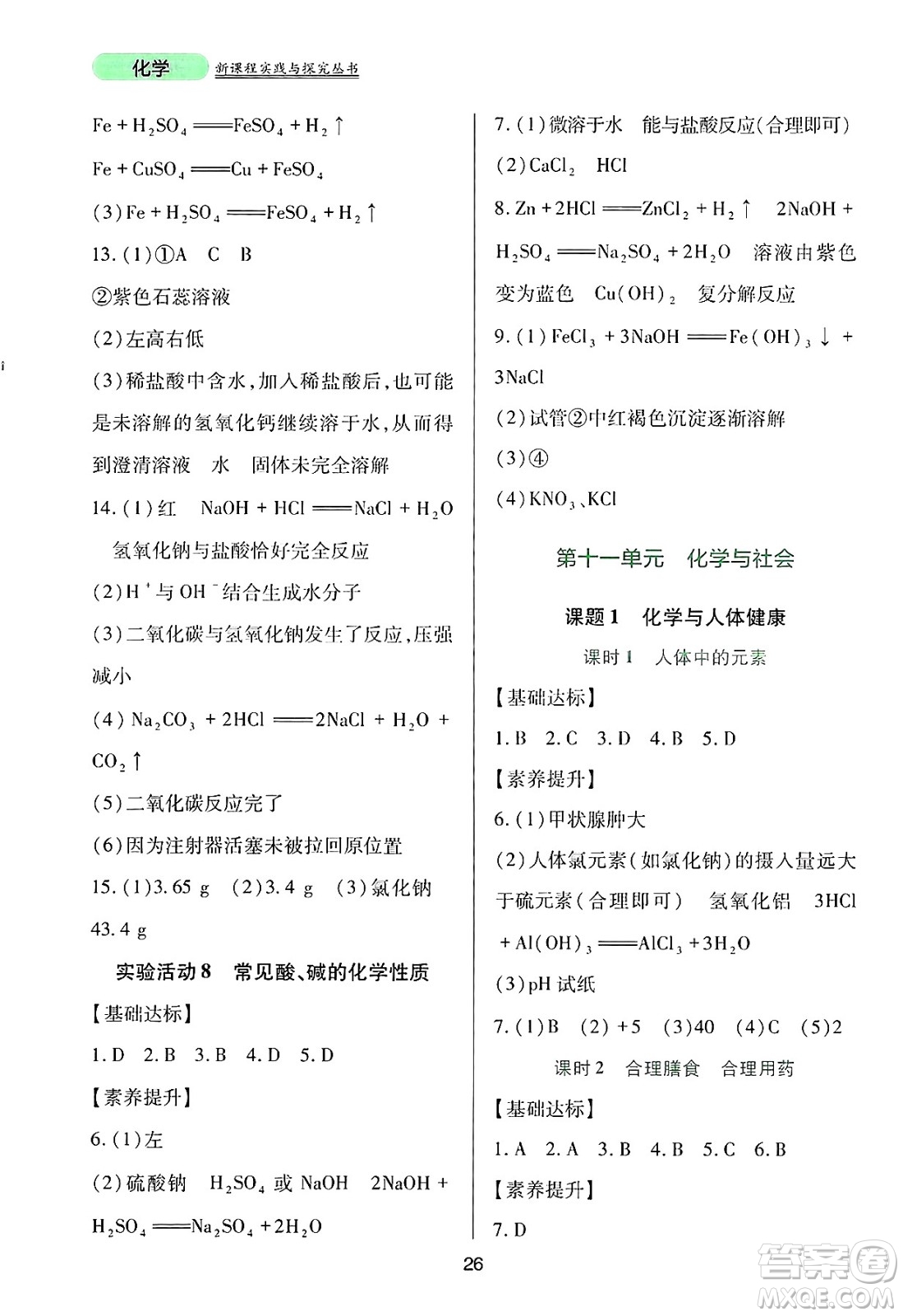 四川教育出版社2025年春新課程實踐與探究叢書九年級化學(xué)下冊人教版答案