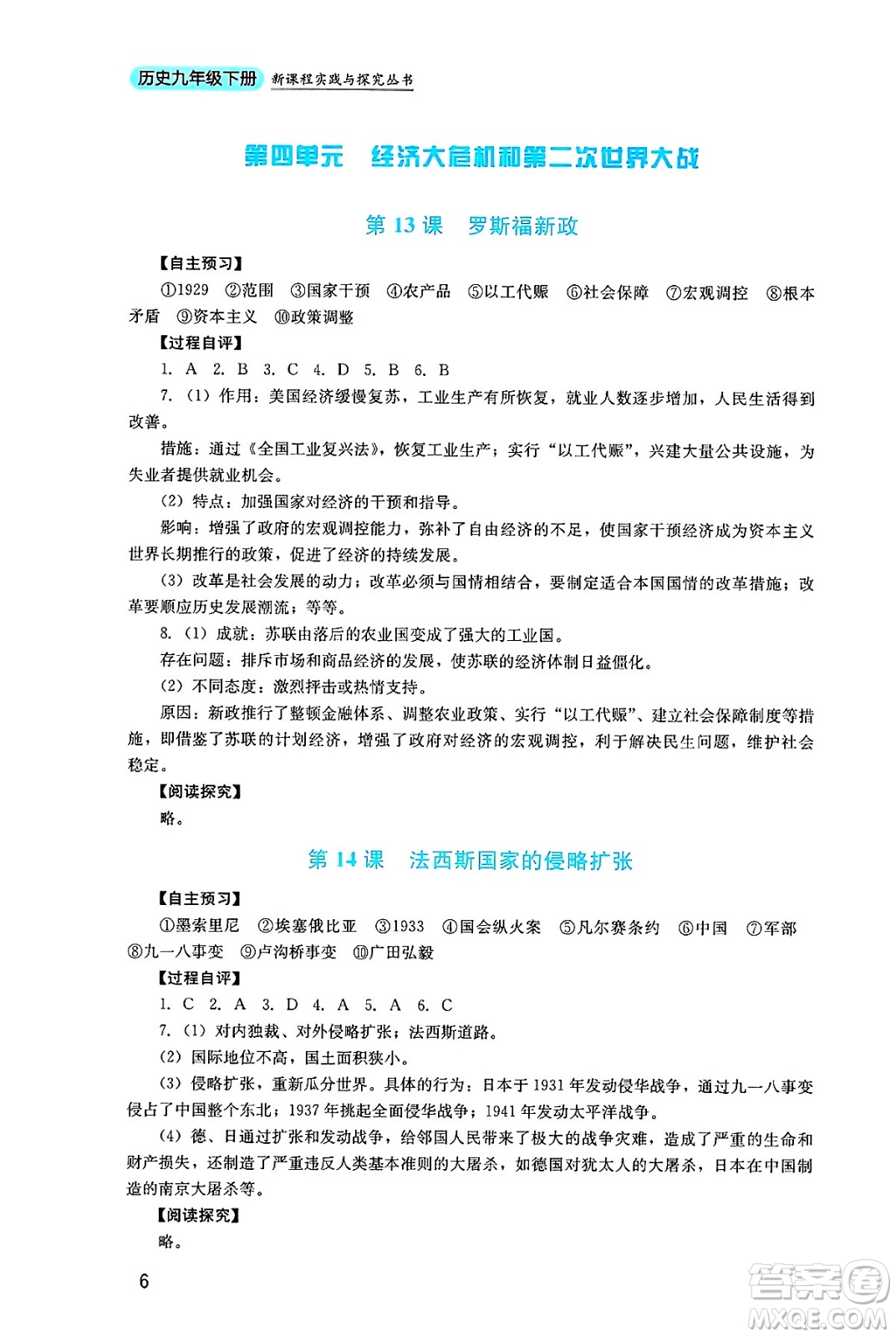 四川教育出版社2025年春新課程實踐與探究叢書九年級歷史下冊人教版答案