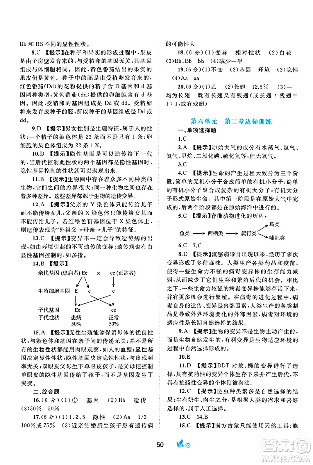 廣西師范大學(xué)出版社2025年春新課程學(xué)習(xí)與測(cè)評(píng)單元雙測(cè)八年級(jí)生物下冊(cè)C版冀教版答案