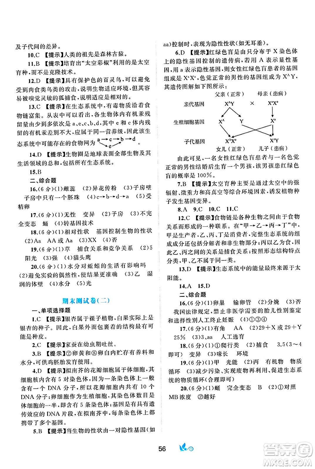 廣西師范大學(xué)出版社2025年春新課程學(xué)習(xí)與測(cè)評(píng)單元雙測(cè)八年級(jí)生物下冊(cè)C版冀教版答案