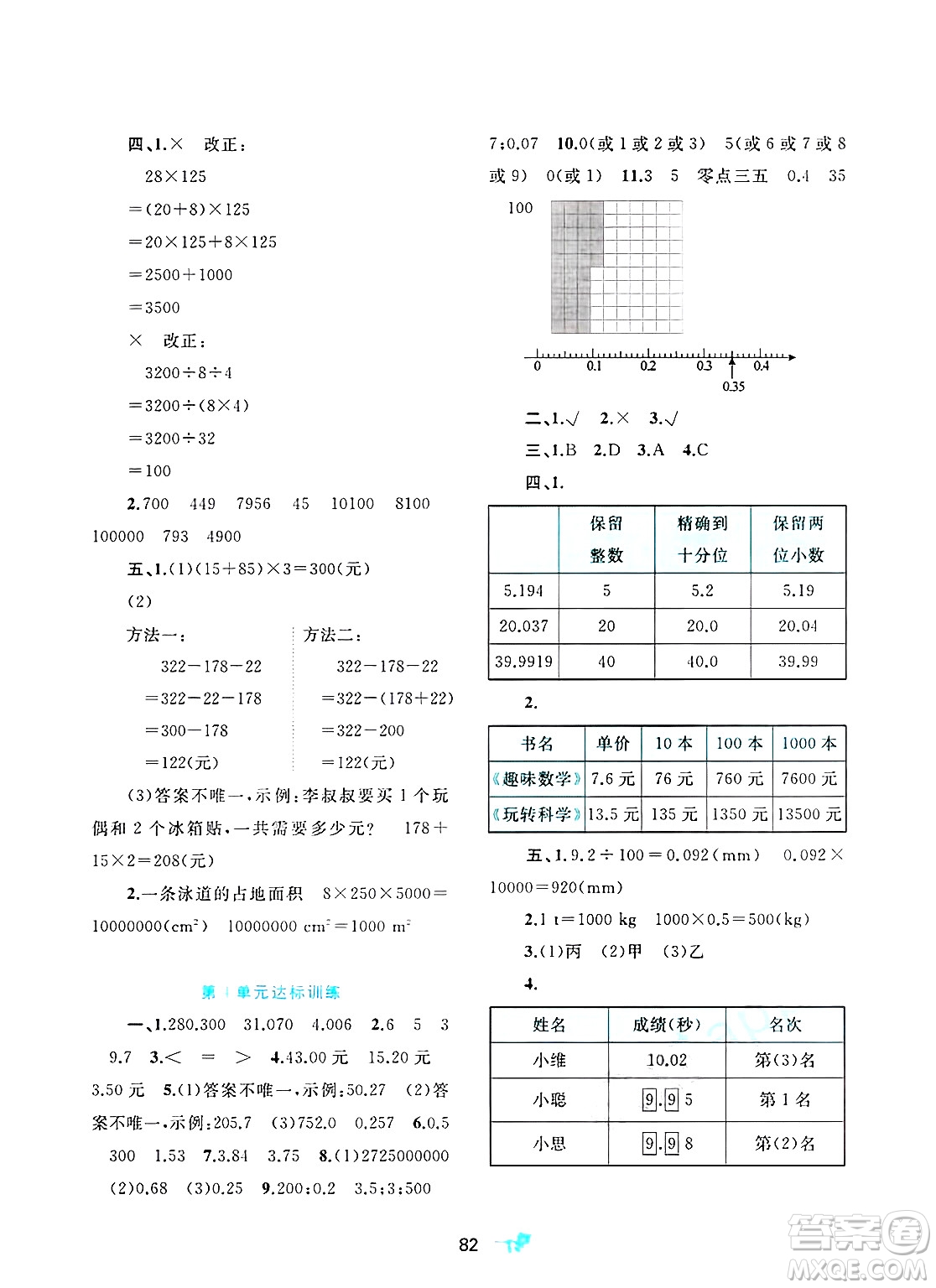 廣西師范大學出版社2025年春新課程學習與測評單元雙測四年級數(shù)學下冊A版人教版答案