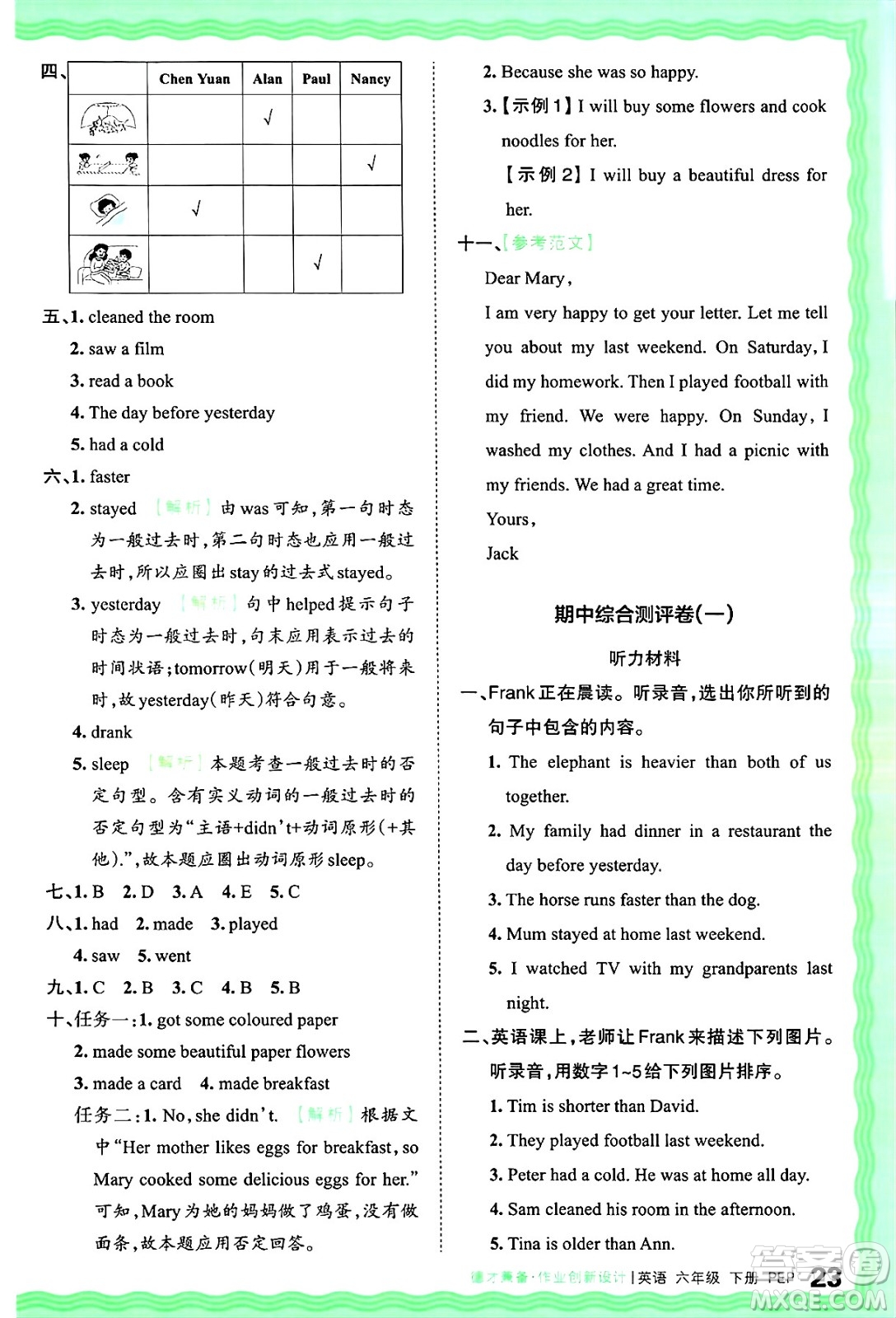 江西人民出版社2025年春王朝霞德才兼?zhèn)渥鳂I(yè)創(chuàng)新設(shè)計(jì)六年級英語下冊人教PEP版答案