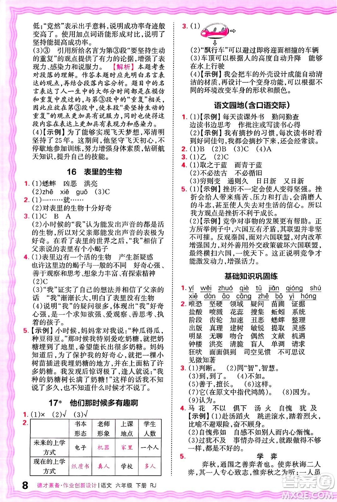 江西人民出版社2025年春王朝霞德才兼?zhèn)渥鳂I(yè)創(chuàng)新設(shè)計(jì)六年級語文下冊人教版答案