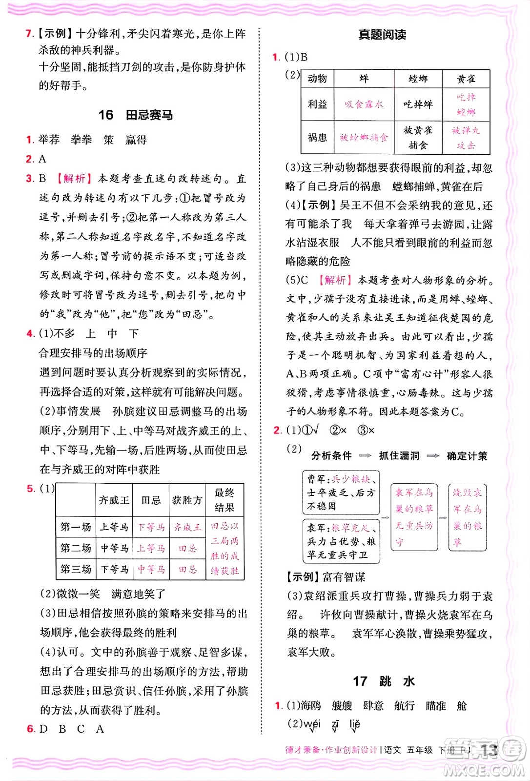 江西人民出版社2025年春王朝霞德才兼?zhèn)渥鳂I(yè)創(chuàng)新設(shè)計(jì)五年級語文下冊人教版答案