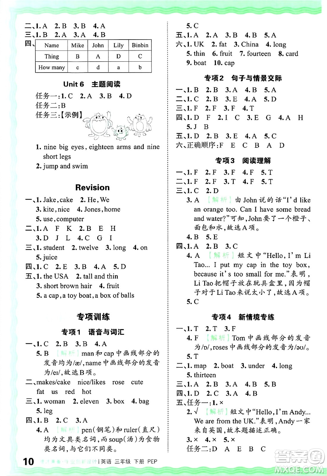 江西人民出版社2025年春王朝霞德才兼?zhèn)渥鳂I(yè)創(chuàng)新設計三年級英語下冊人教PEP版答案